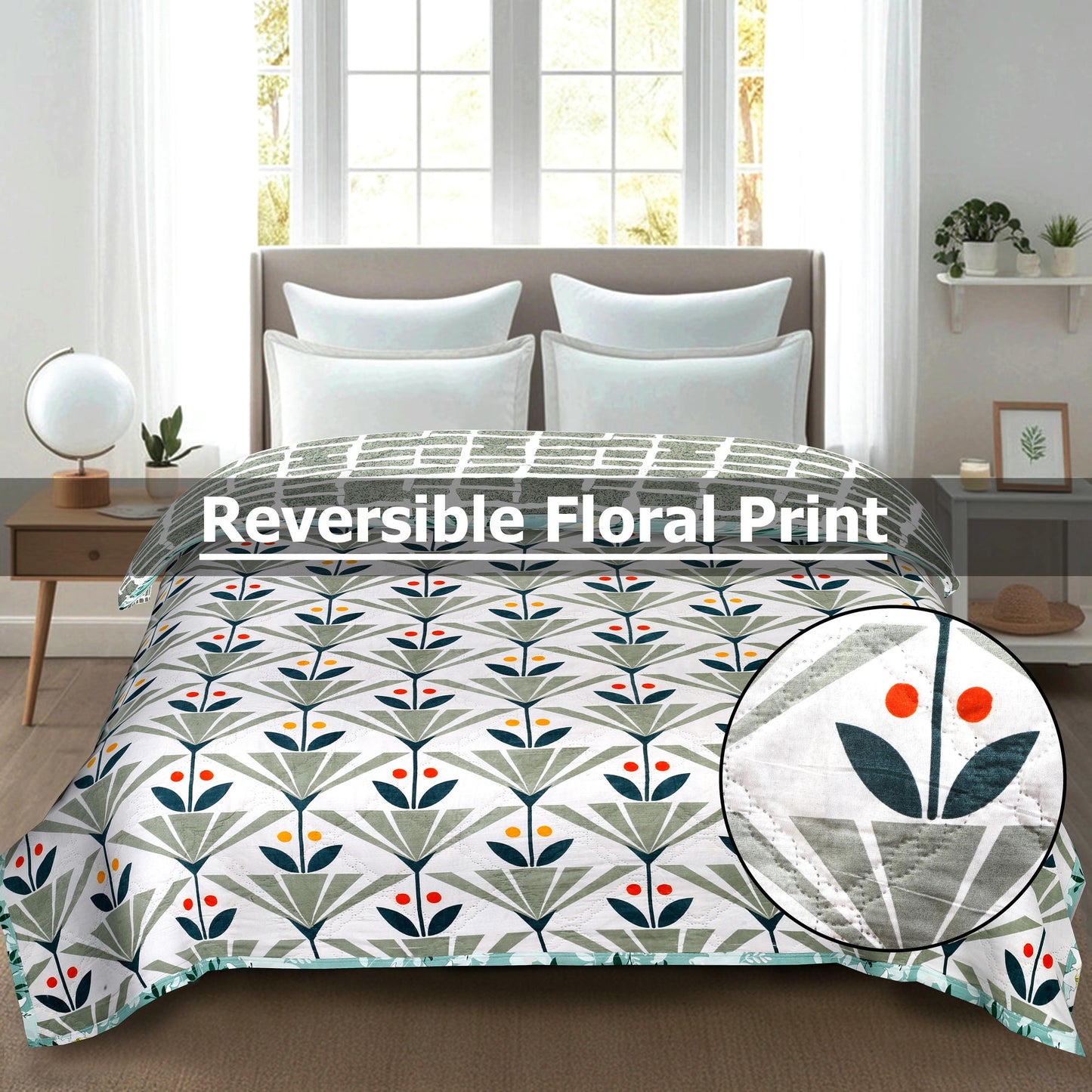 Premium Reversible Comforter for AC | Soft, Breathable & Fade-Resistant Bedding Set Green Leaf