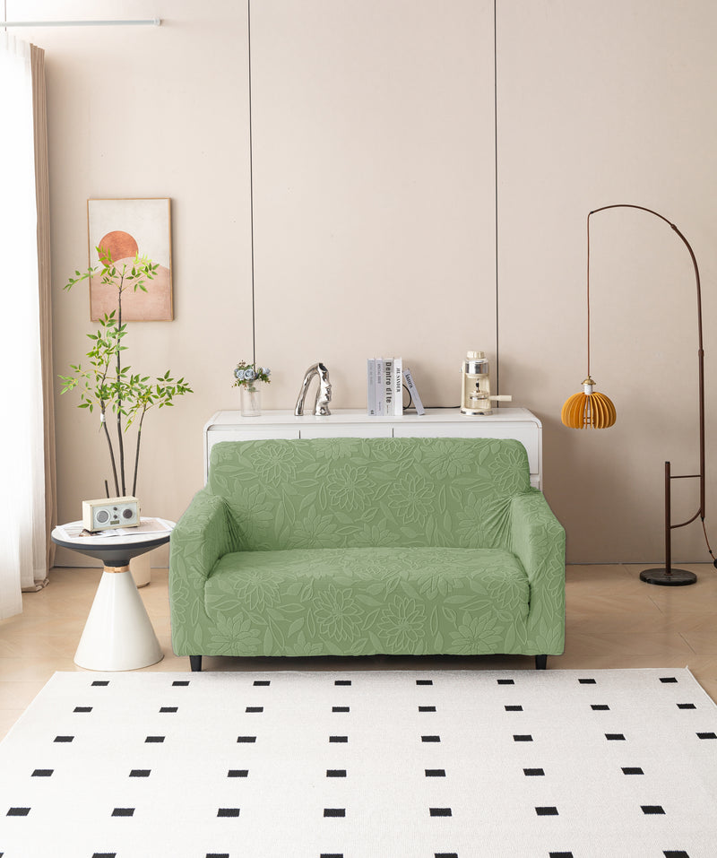 Premium 2 Seater Sofa Cover - Knitted Jacquard, Floral Textured Elastic Slipcover (Green)