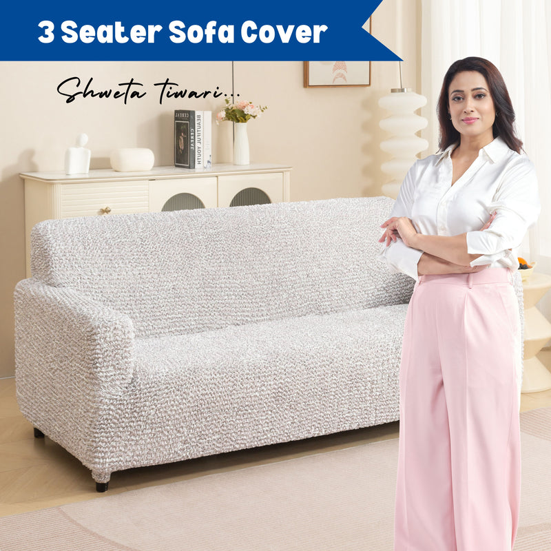 Premium 3 Seater Sofa Cover - Microfiber Stretchable Italian Textured Couch Slipcover (Cream)