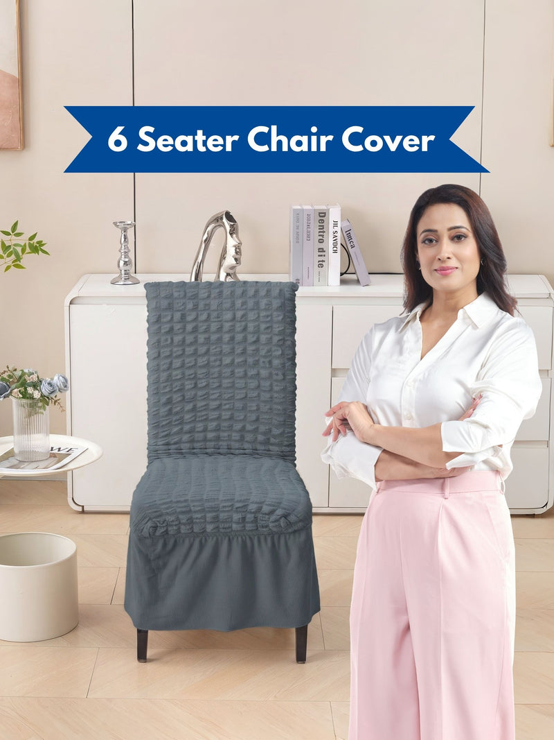 6 Seater Bubble Frill Chair Cover Set | Stretchable Textured Dining Chair Slipcover | Premium 280 GSM