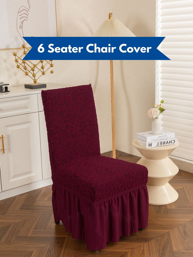 Premium Jacquard Stretch Dining Chair Covers with Ruffle Frill Skirt – Pack of 6 (Maroon / Wine Red)