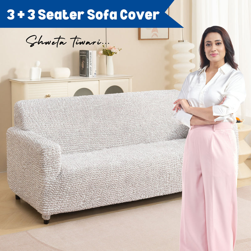 Premium 3+3 Seater Sofa Cover Set - Microfiber Stretchable Italian Textured Slipcovers (Cream)