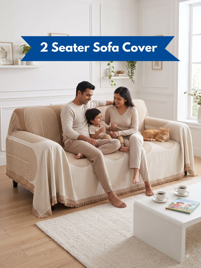 Luxury Beige Geometric 2-Seater Sofa Protector Throw | Dust & Pet-Proof Loveseat Couch Cover