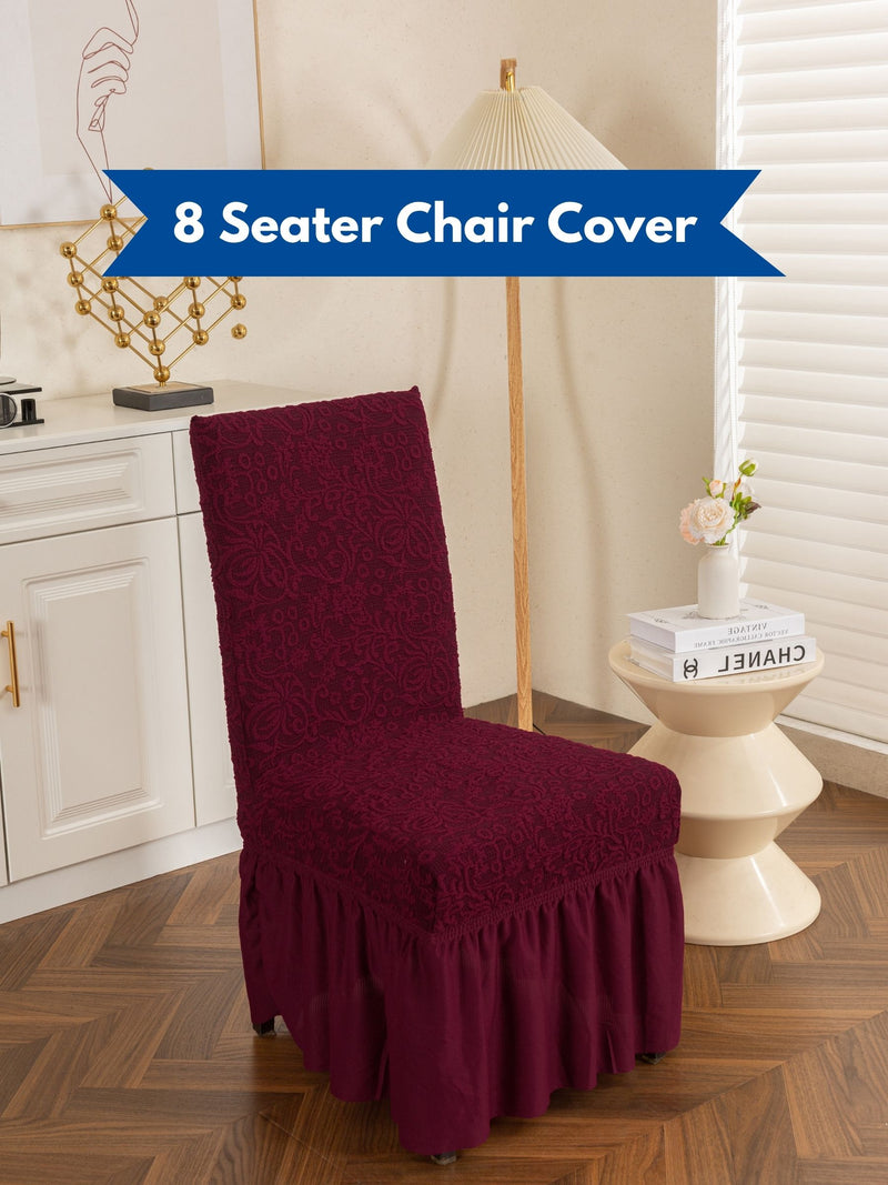 Premium Jacquard Stretch Dining Chair Covers with Ruffle Frill Skirt – Pack of 8 (Maroon / Wine Red)