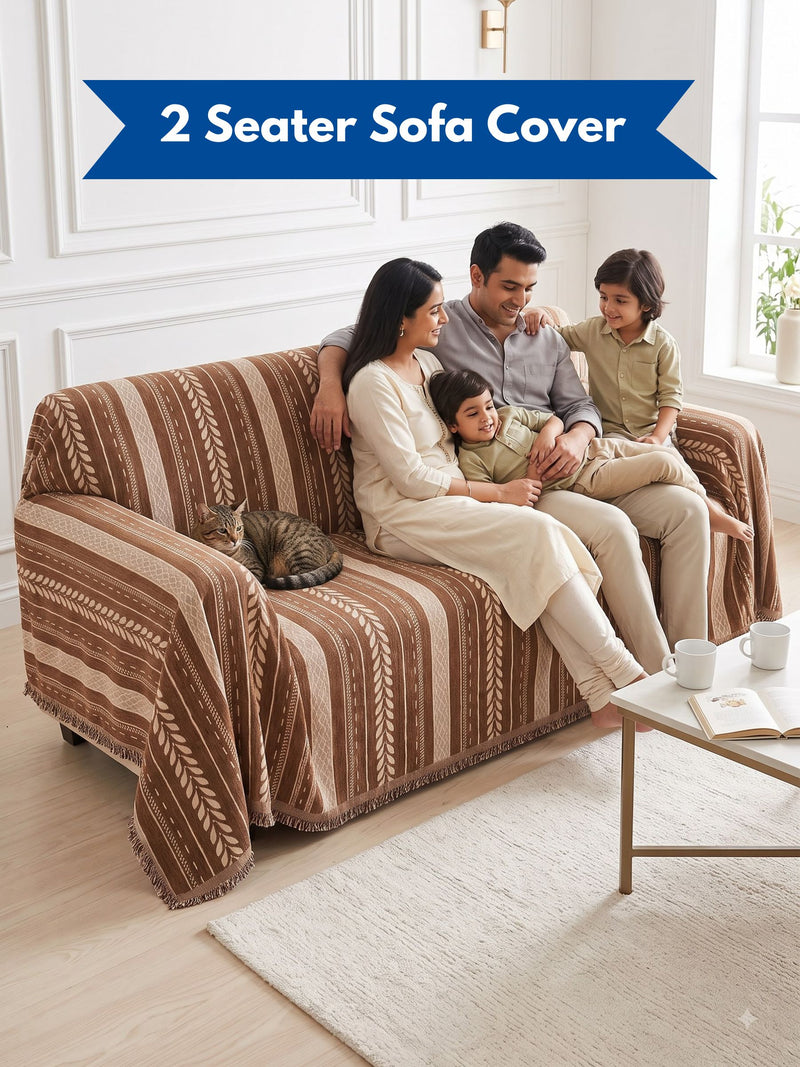 Premium Cotton Printed 2-Seater Sofa Cover with Fringe Details | Loveseat Slipcover Protector