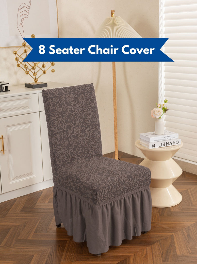 Premium Jacquard Stretch Dining Chair Covers with Ruffle Frill Skirt – Pack of 8 (Grey / Dark Grey)
