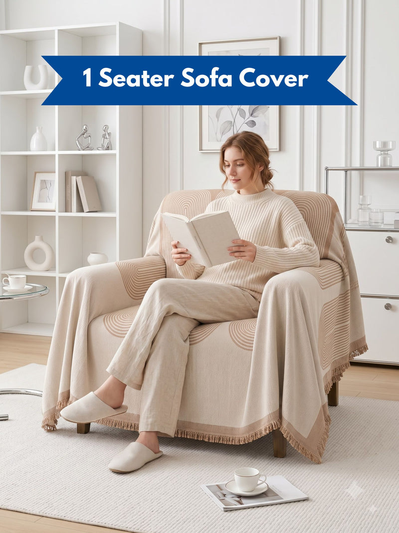 Luxury Beige Geometric 1-Seater Sofa Protector Throw | Dust & Pet-Proof Single Couch Cover