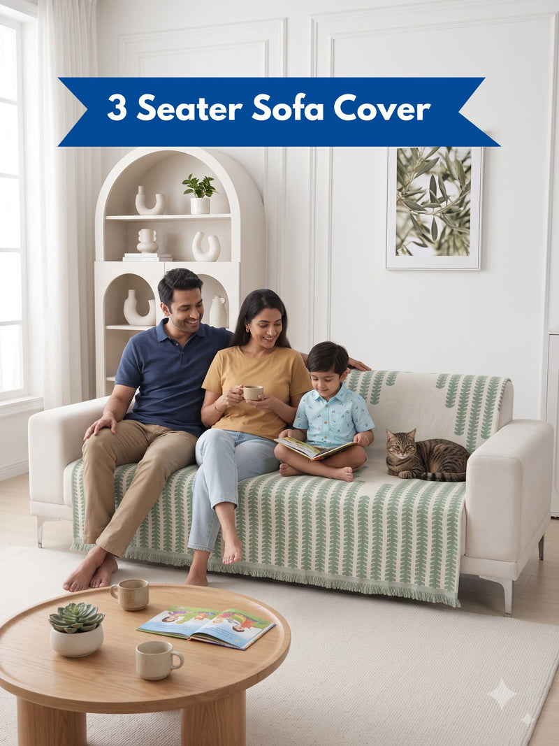 Modern Sage Green Leaf Printed 3-Seater Sofa Runner Cover with Fringe Details | Couch Seat & Backrest Protector Mat