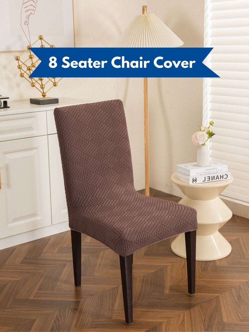 Elastic Stretch Dining Chair Covers with Geometric Jacquard Texture – Pack of 8 (Brown / Coffee)
