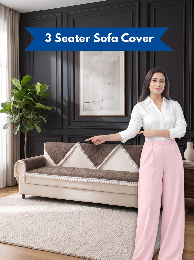 Luxury Floral Jacquard 3-Seater Sofa Cover Mat with Pom-Pom Lace Border – Anti-Slip Couch Runner Protector Set (Brown / Coffee)