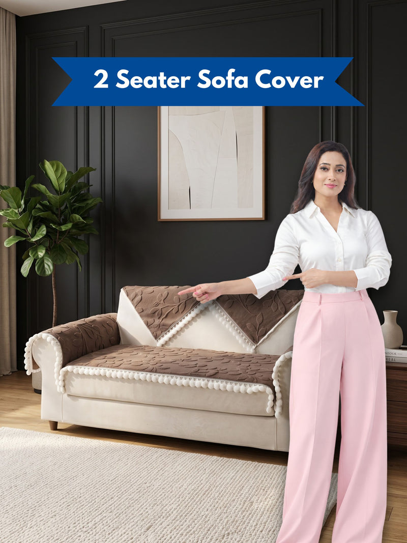 Luxury Floral Jacquard 2-Seater Sofa Cover Mat with Pom-Pom Lace Border – Anti-Slip Loveseat Runner Protector Set (Brown / Coffee)