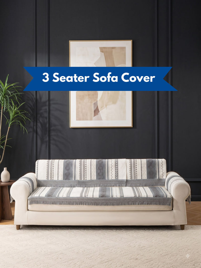 Nordic Boho Sofa Cover – 3 Seater Fringed Couch Throw (Grey Aztec Weave)