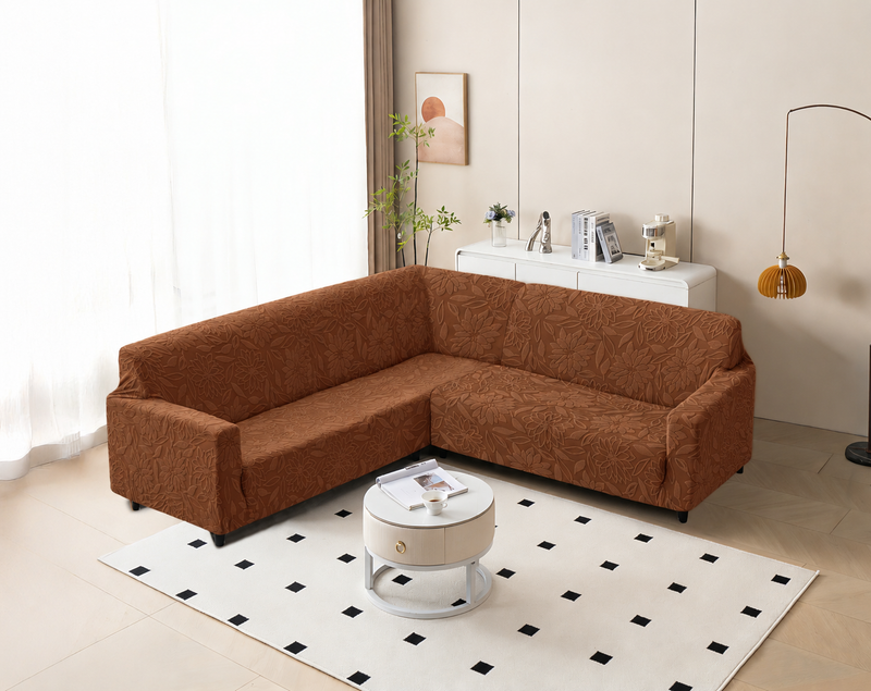 Premium L Shape 3+4 Sofa Cover Set - 280 GSM Knitted Jacquard Floral Texture (Dark Brown)