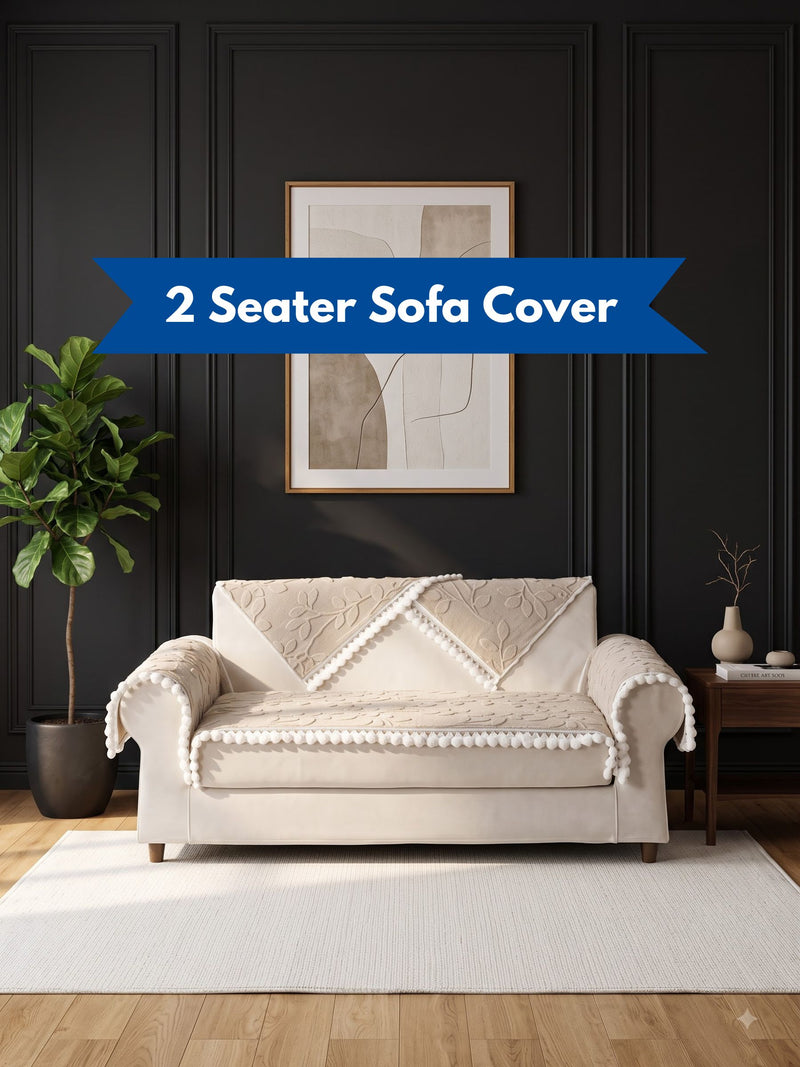 Luxury Floral Jacquard 2-Seater Sofa Cover Mat with Pom-Pom Lace Border – Anti-Slip Loveseat Runner Protector Set (Beige / Cream)