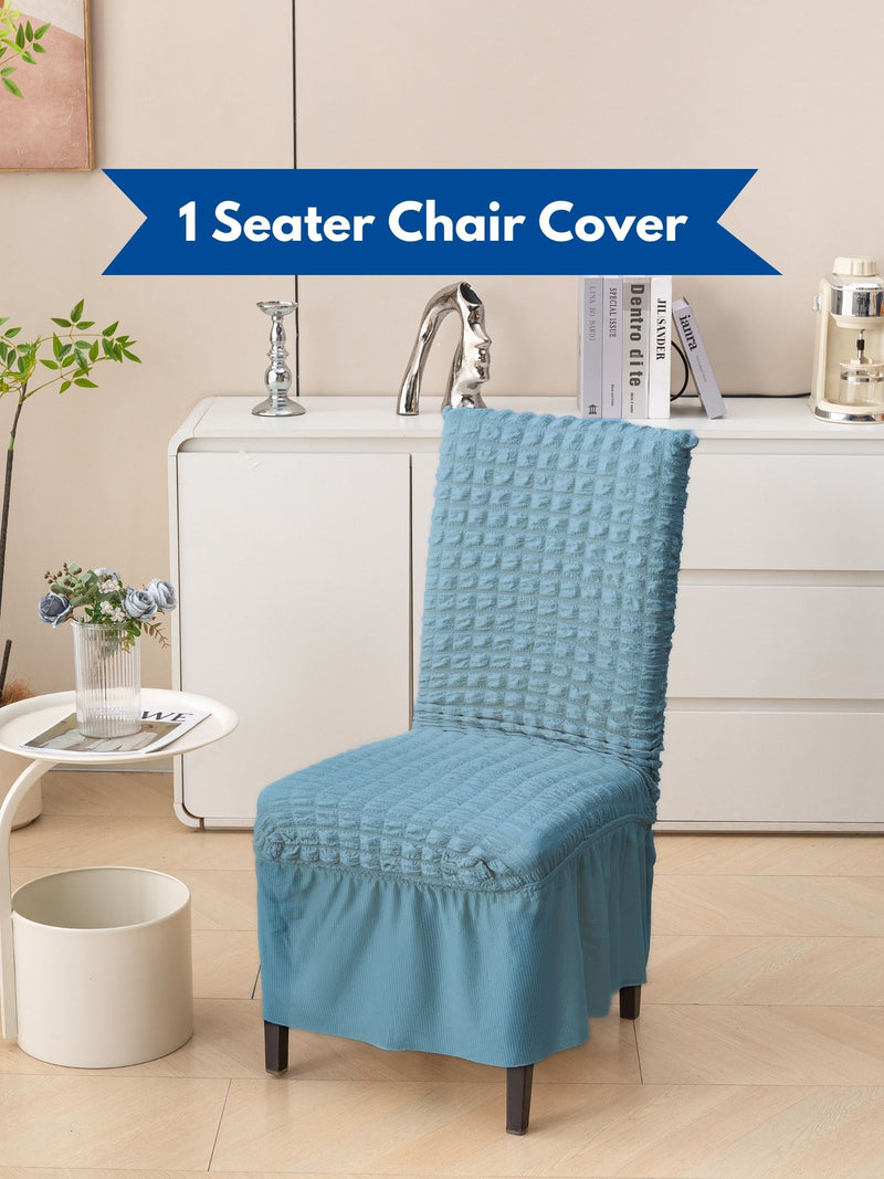 1 Seater Bubble Frill Chair Cover | Stretchable Textured Chair Slipcover | Teal Blue | 280 GSM