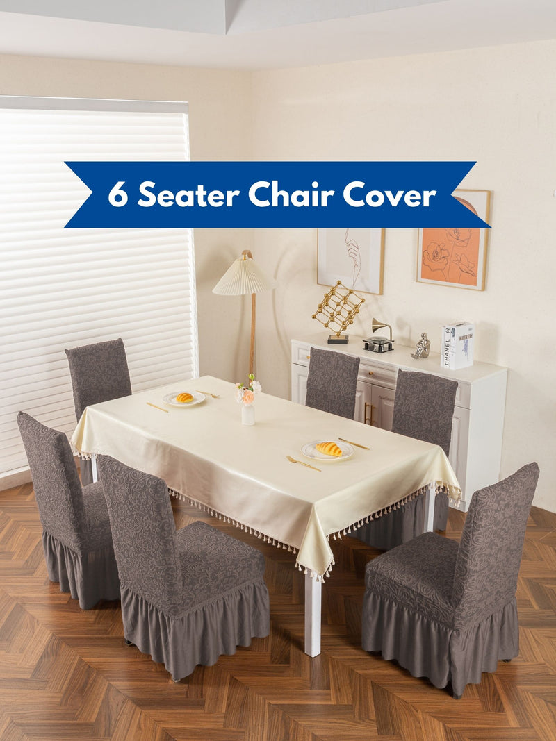 Premium Jacquard Stretch Dining Chair Covers with Ruffle Frill Skirt – Pack of 6 (Grey / Dark Grey)
