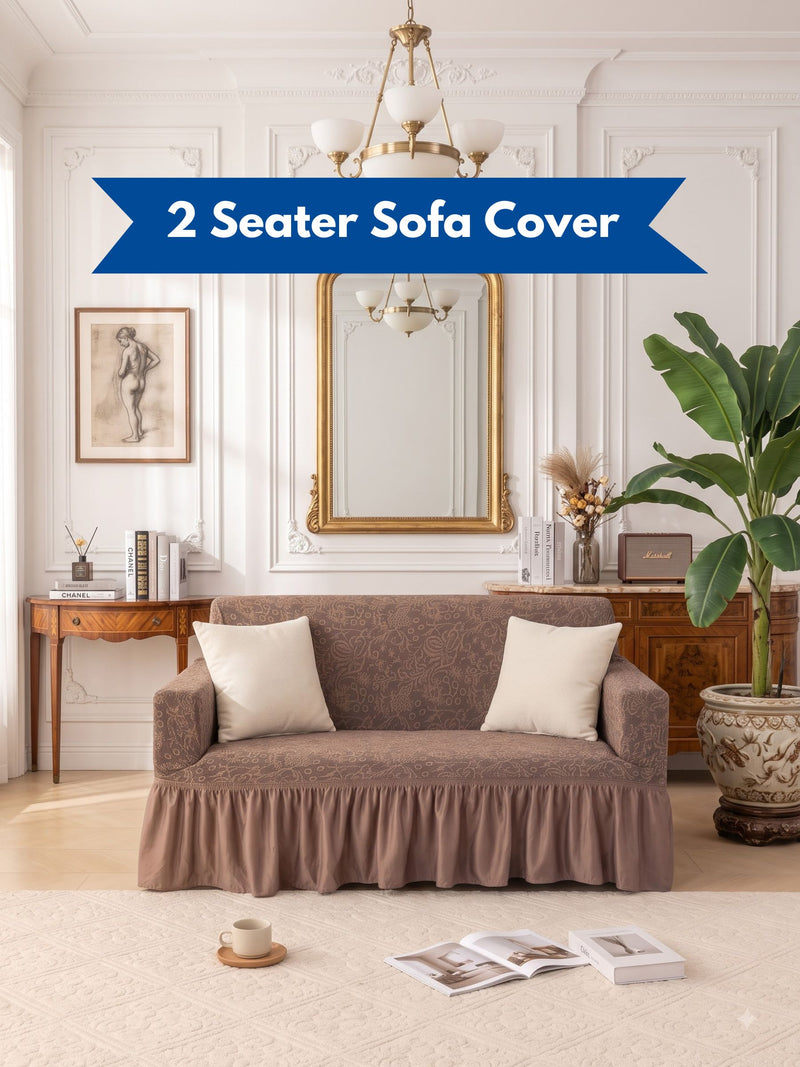 Premium Jacquard Elastic Stretch 2-Seater Sofa Cover with Ruffle Frill Skirt – Fitted Couch Slipcover (Tan / Beige)