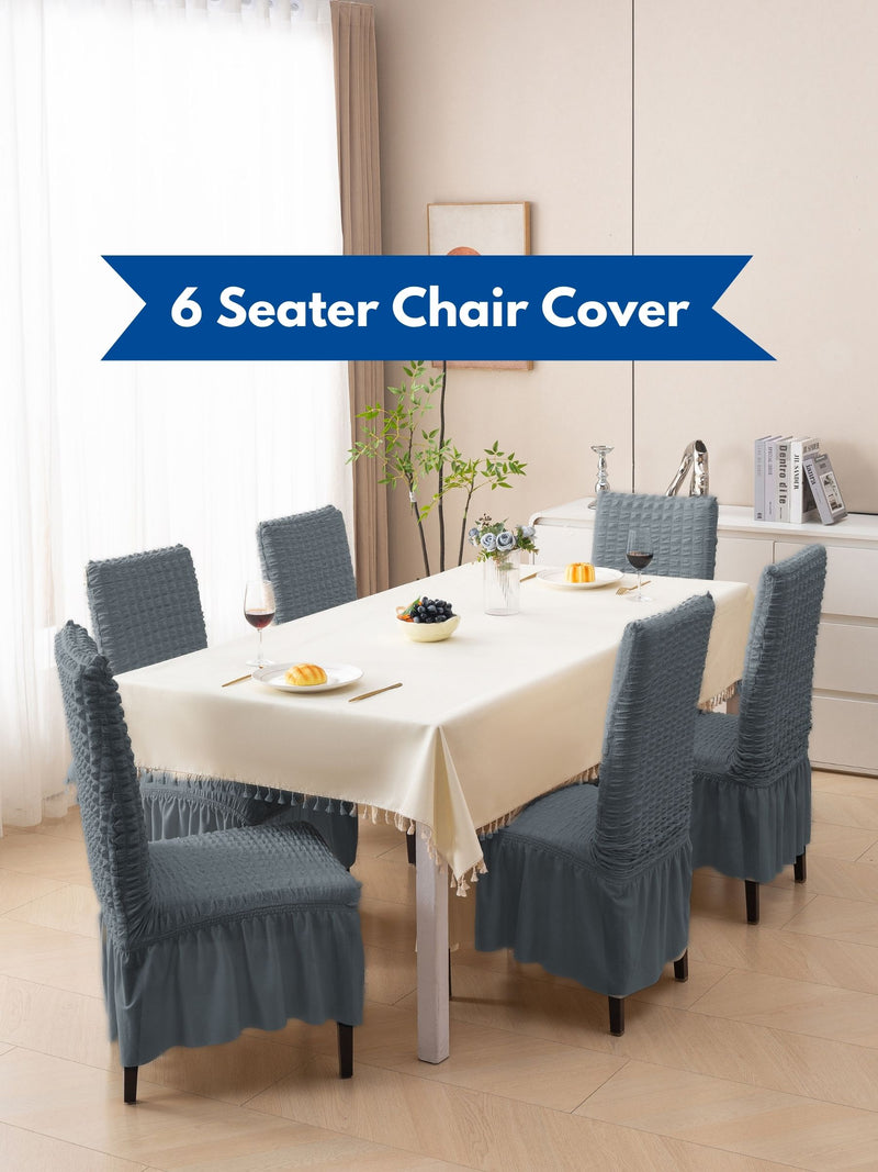 6 Seater Bubble Frill Chair Cover Set | Stretchable Textured Dining Chair Slipcover | Premium 280 GSM