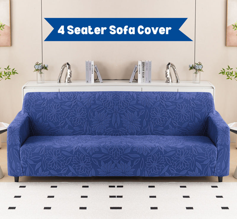 Premium 4 Seater Sofa Cover - Knitted Jacquard, Floral Textured Elastic Slipcover (Navy Blue)