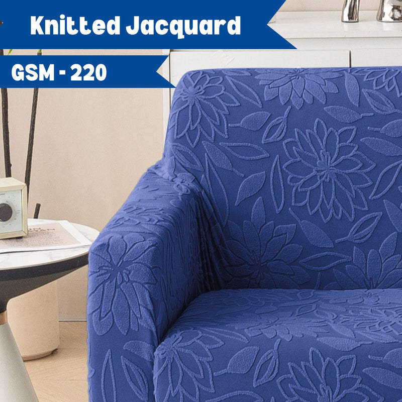 Premium 3+3 Seater Sofa Cover Set - Knitted Jacquard, Floral Textured Elastic Slipcovers (Navy Blue)