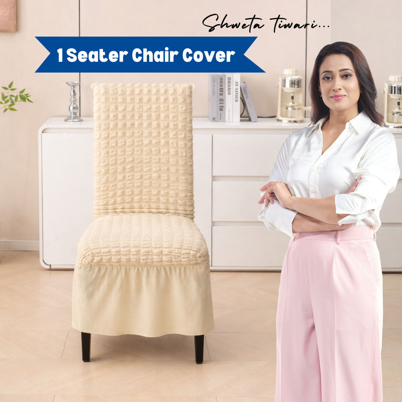 Premium 1 Seater Chair Cover with Frill - 280 GSM Bubble Textured Elastic Slipcover (Beige)