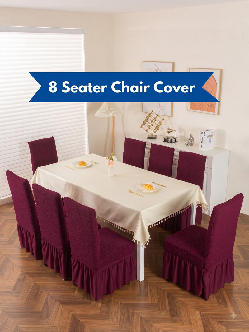 Premium Jacquard Stretch Dining Chair Covers with Ruffle Frill Skirt – Pack of 8 (Maroon / Wine Red)