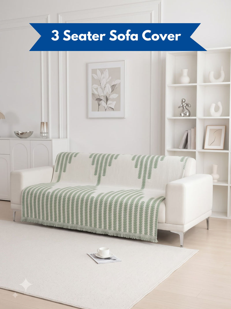 Modern Sage Green Leaf Printed 3-Seater Sofa Runner Cover with Fringe Details | Couch Seat & Backrest Protector Mat
