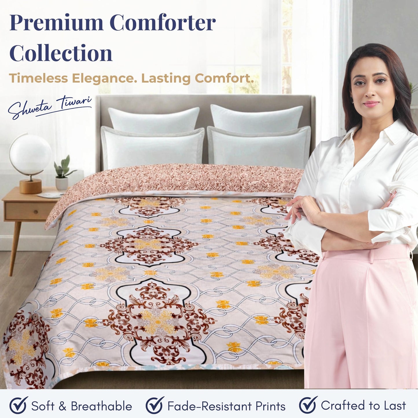 Premium Reversible Comforter for AC | Soft, Breathable & Fade-Resistant Bedding Set Beige Brown Royal Print