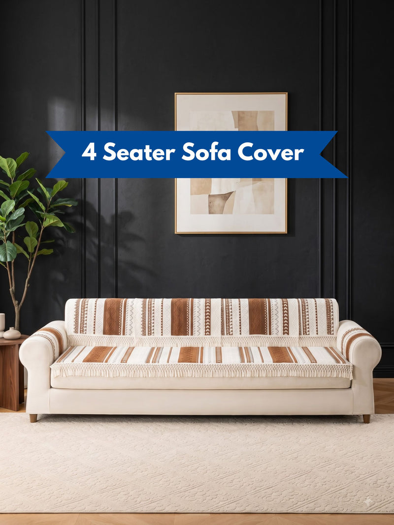 Boho Tassel Sofa Cover – 4 Seater Sofa Protector with Fringe (Cream & Brown) Bohemian Woven Sofa Slipcover | Fringed Couch Cover for 4 Seater Sofa Aztec Pattern Sofa Cover with Tassels – Non-Slip 4 Seater Sofa Protector
