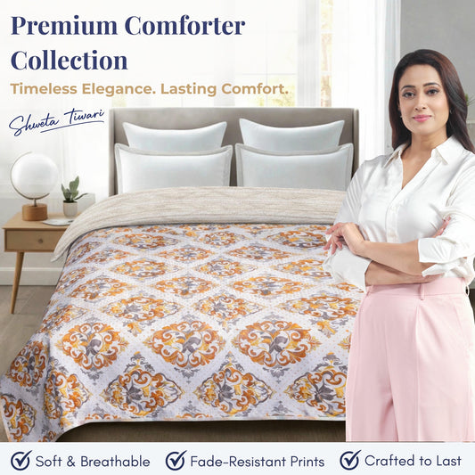 Premium Reversible Comforter for AC | Soft, Breathable & Fade-Resistant Bedding Set Beige Brown Floral Print