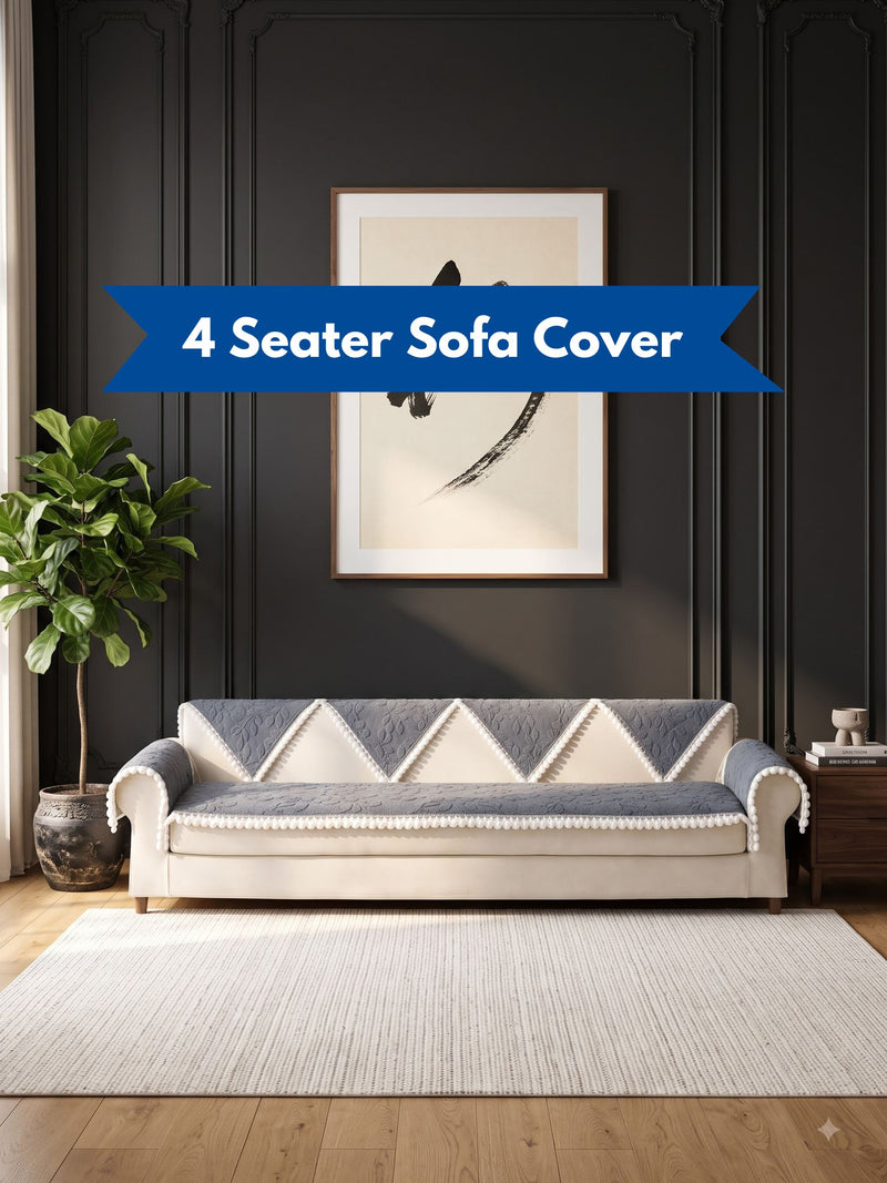 Premium Velvet 4-Seater Sofa Cover with White Pom-Pom Lace Trim & Geometric Triangle Backrest Slipcover