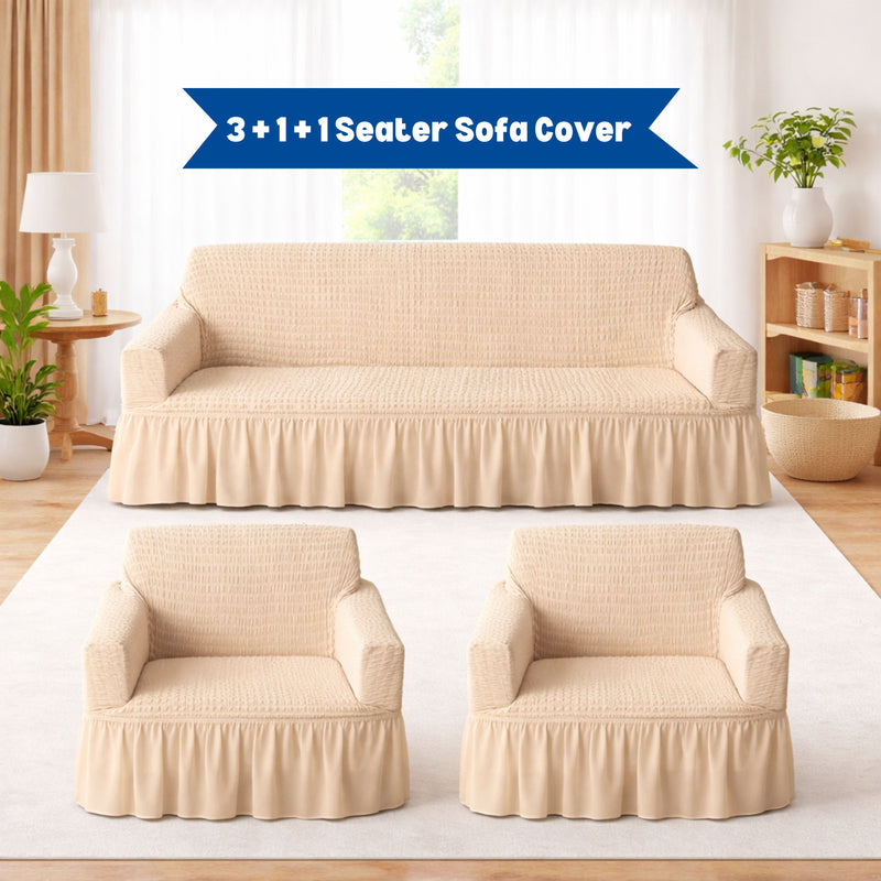 Premium Bubble Frill 3+1+1 Seater Sofa Cover Set - High Stretch Textured Fabric (Beige)