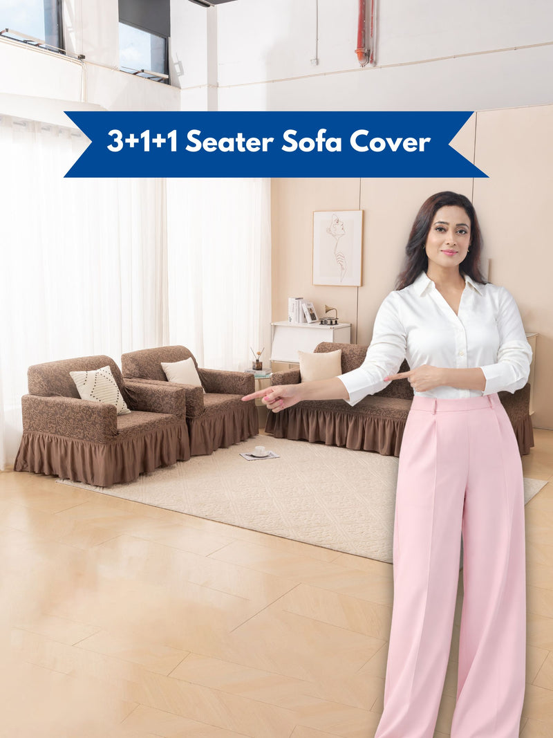 Premium Elasticated 3+1+1 Seater Sofa Cover Set with Frill – Brown