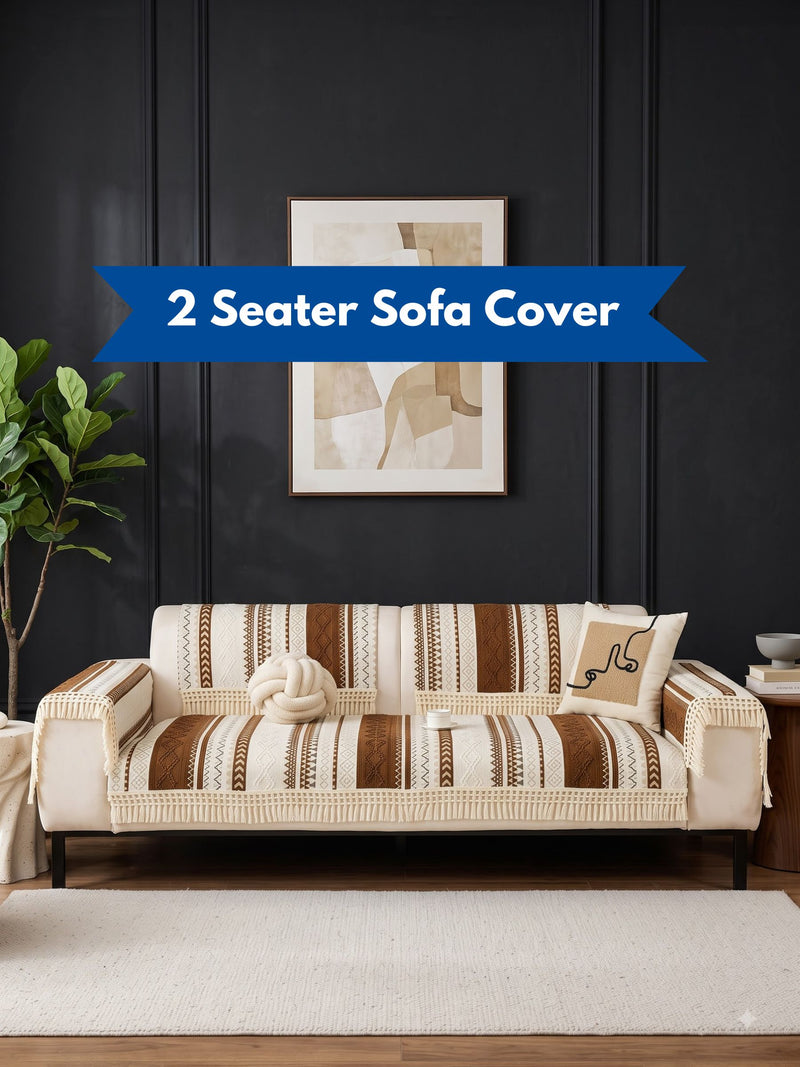 Boho Tassel Sofa Cover – 2 Seater Sofa Protector with Fringe (Cream & Brown) Bohemian Woven Sofa Slipcover | Fringed Couch Cover for 2 Seater Sofa Aztec Pattern Sofa Cover with Tassels – Non-Slip 2 Seater Sofa Protector