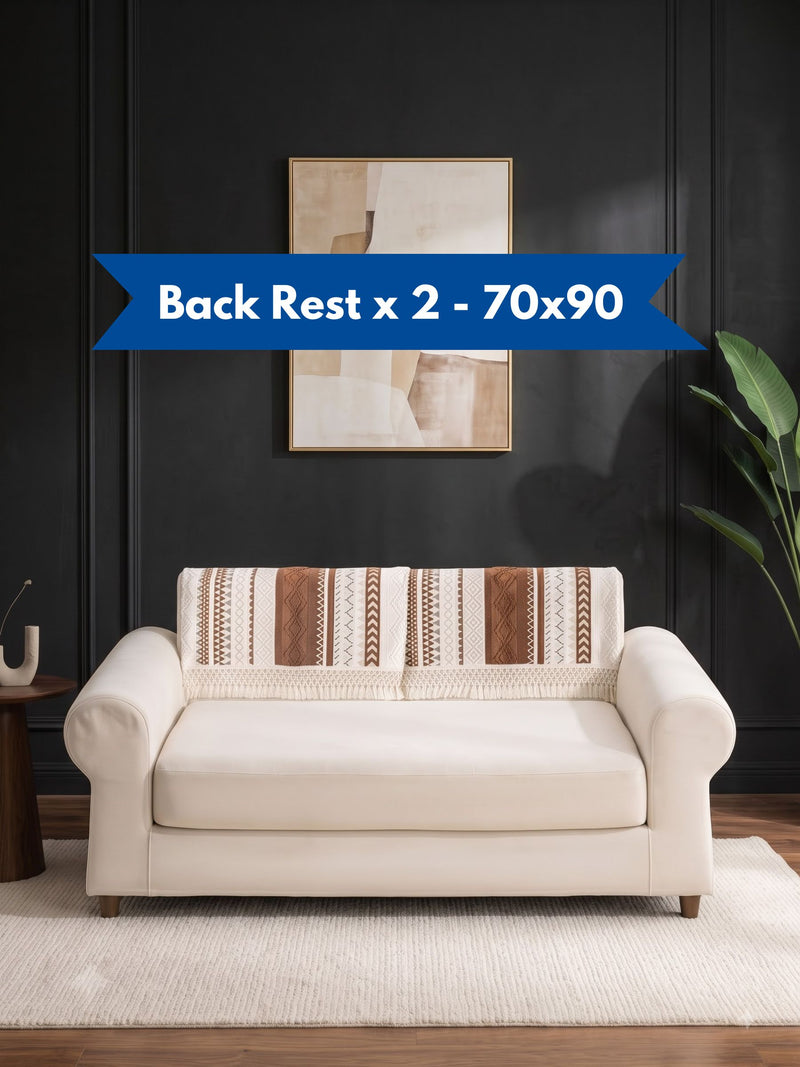 Premium Bohemian Sofa Backrest Covers (Set of 2) - 70x90 cm | Ethnic Knitted Sofa Towel Set (Recommended)  Modern Boho 2-Seater Sofa Back Cushion Covers (Pack of 2, 70x90 cm) - Geometric Pattern with Tassels