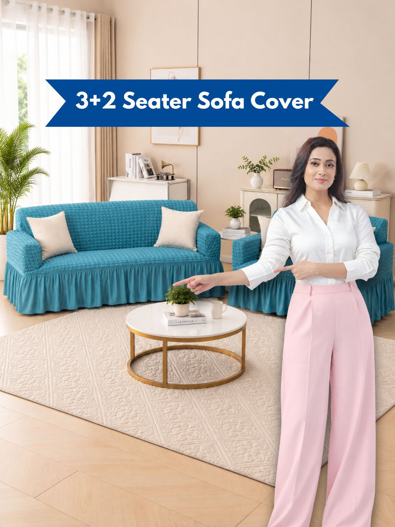 Elegant 5-Seater (3+2) Teal Blue Jacquard Elastic Sofa Slipcover Set with Ruffle Border