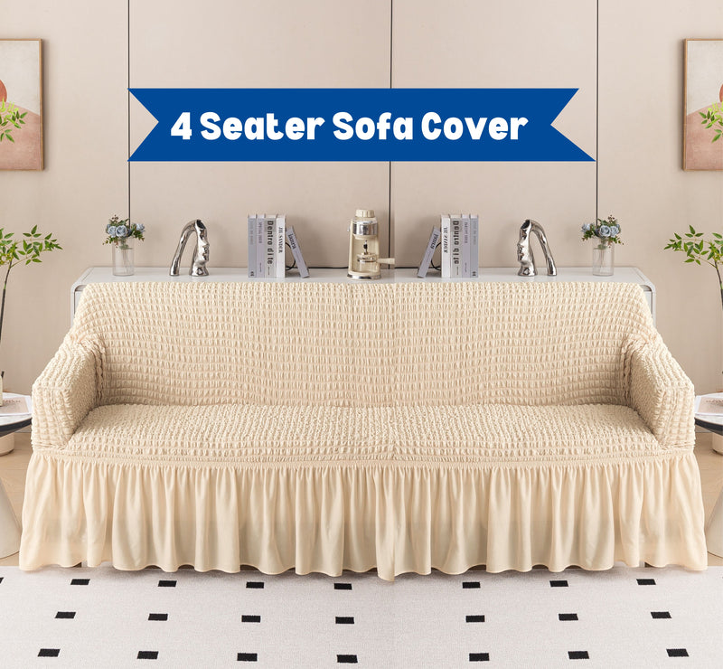 Premium Bubble Frill 4 Seater Sofa Cover - Cream Beige