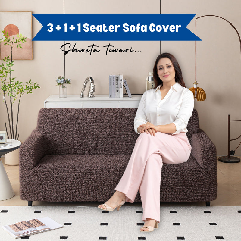 Premium 3+1+1 Seater Sofa Cover Set - Microfiber Stretchable Italian Textured Slipcovers (Brown)