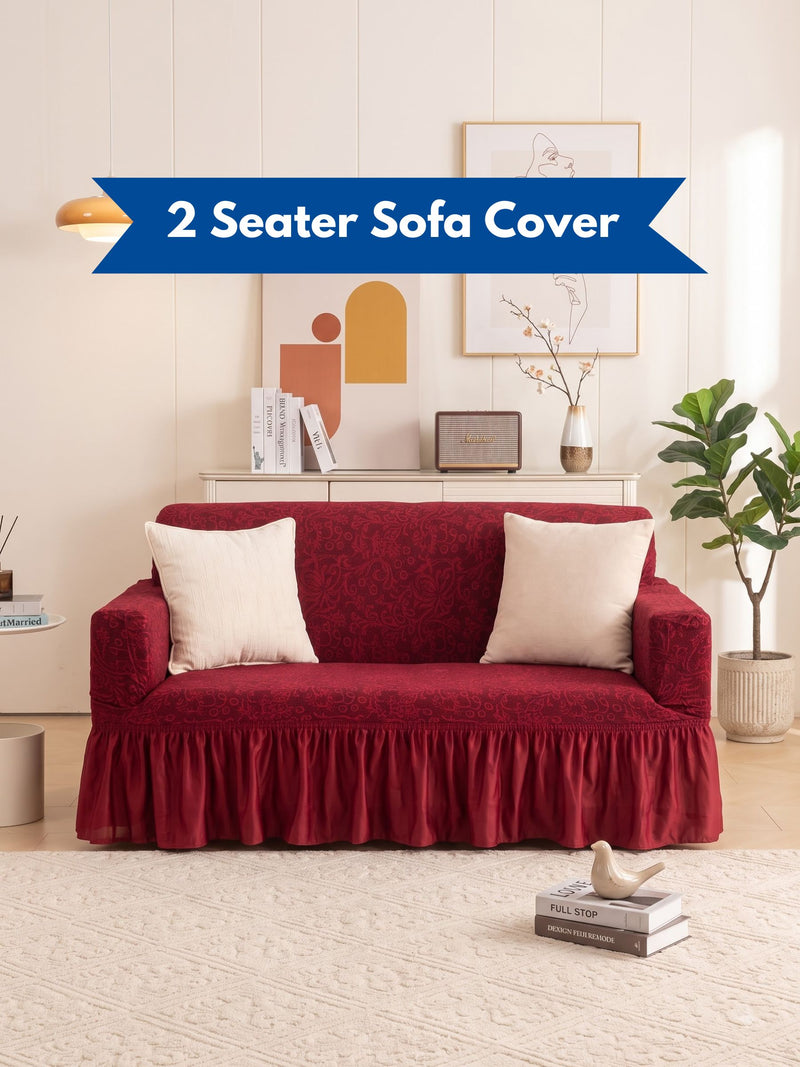 Premium Jacquard Elastic Stretch 2-Seater Sofa Cover with Ruffle Frill Skirt – Fitted Couch Slipcover (Maroon / Red)