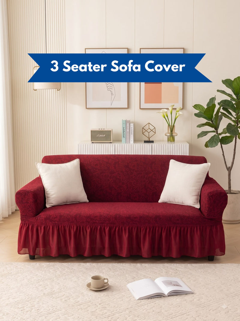 Premium Jacquard Elastic Stretch 3-Seater Sofa Cover with Ruffle Frill Skirt – Fitted Couch Slipcover (Maroon / Red)