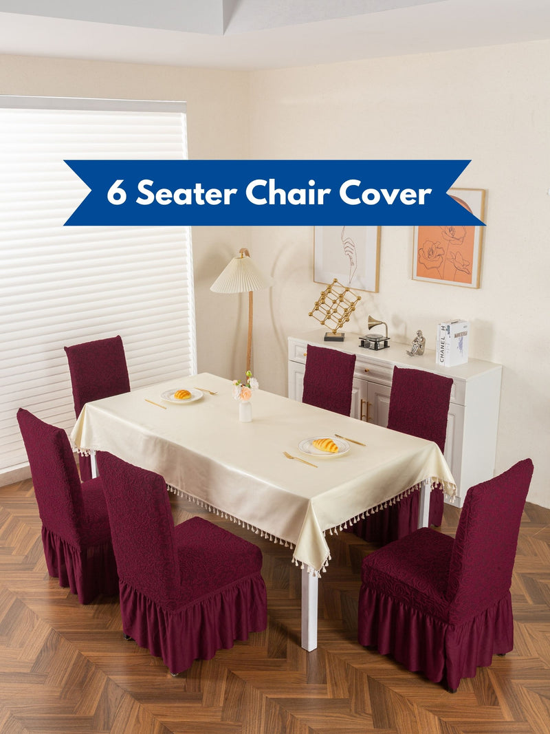 Premium Jacquard Stretch Dining Chair Covers with Ruffle Frill Skirt – Pack of 6 (Maroon / Wine Red)