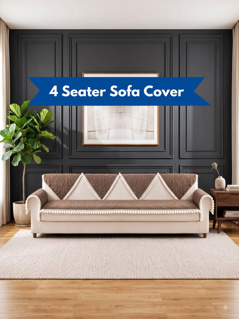 Luxury Floral Jacquard 4-Seater Sofa Cover Mat with Pom-Pom Lace Border – Anti-Slip Extra-Large Couch Runner Protector Set (Brown / Coffee)