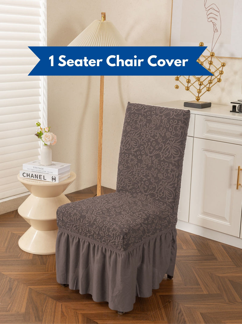 Premium Jacquard Stretch Chair Cover with Ruffle Frill Skirt – Elastic Slipcover for Dining & Living Room Chairs (Grey / Dark Grey)