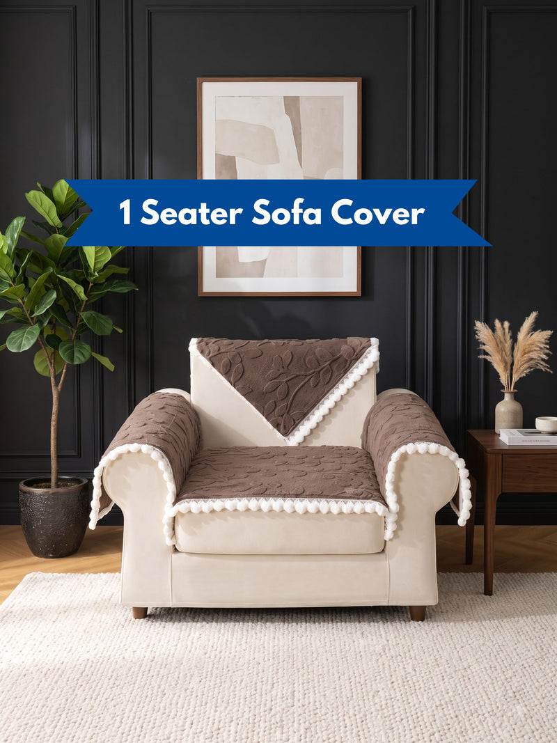 Luxury Floral Jacquard 1-Seater Sofa Cover Mat with Pom-Pom Lace Border – Anti-Slip Armchair Runner Protector Set (Brown / Coffee)