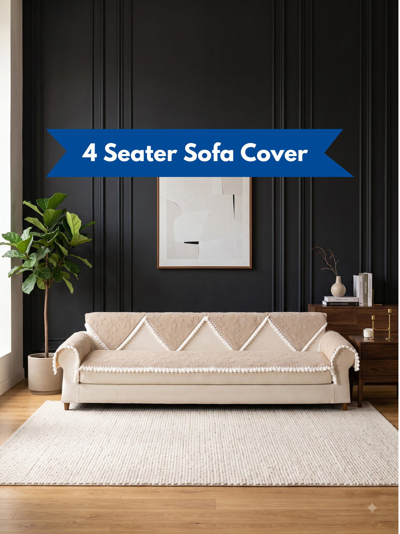 Luxury Floral Jacquard 4-Seater Sofa Cover Mat with Pom-Pom Lace Border – Anti-Slip Extra-Large Couch Runner Protector Set (Beige / Cream)