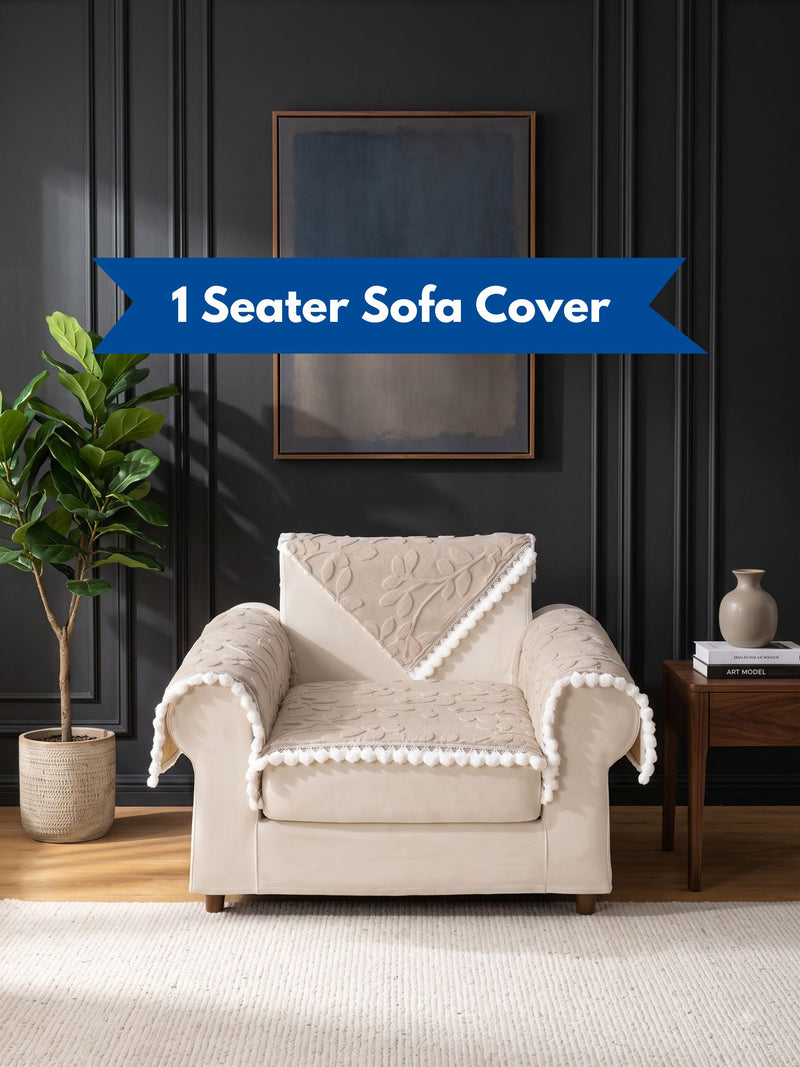 Luxury Floral Jacquard 1-Seater Sofa Cover Mat with Pom-Pom Lace Border – Anti-Slip Armchair Runner Protector Set (Beige / Cream)