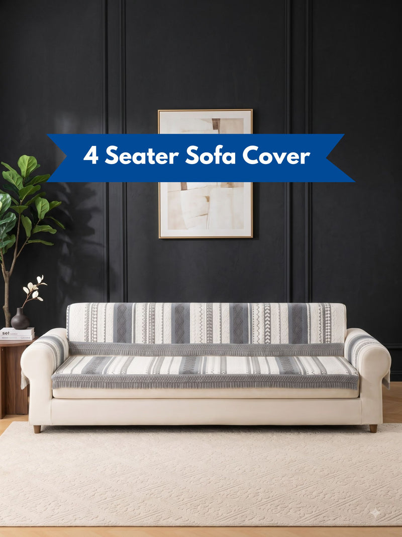 Nordic Boho Sofa Cover – 4 Seater Fringed Couch Throw (Grey Aztec Weave) Handwoven Tassel Sofa Protector | 4 Seater Bohemian Chic Cover – Grey Edition