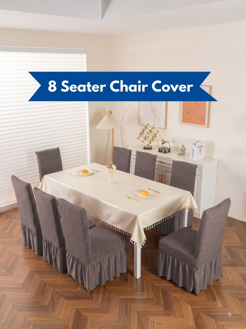 Premium Jacquard Stretch Dining Chair Covers with Ruffle Frill Skirt – Pack of 8 (Grey / Dark Grey)