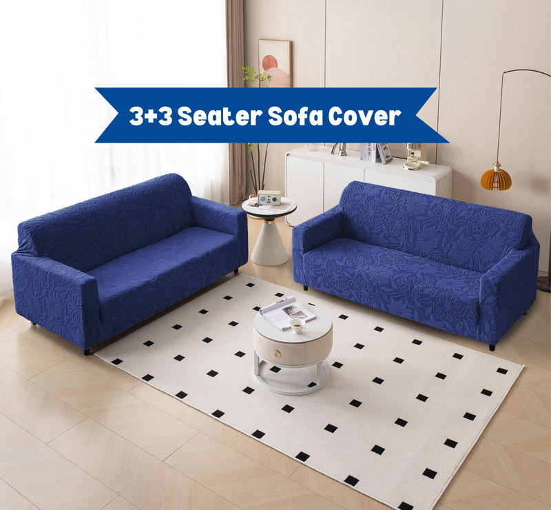 Premium 3+3 Seater Sofa Cover Set - Knitted Jacquard, Floral Textured Elastic Slipcovers (Navy Blue)