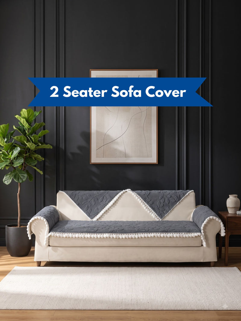 Luxury Floral Jacquard 2-Seater Sofa Cover Mat with Pom-Pom Lace Border – Anti-Slip Loveseat Runner Protector Set (Steel Blue / Grey-Blue)